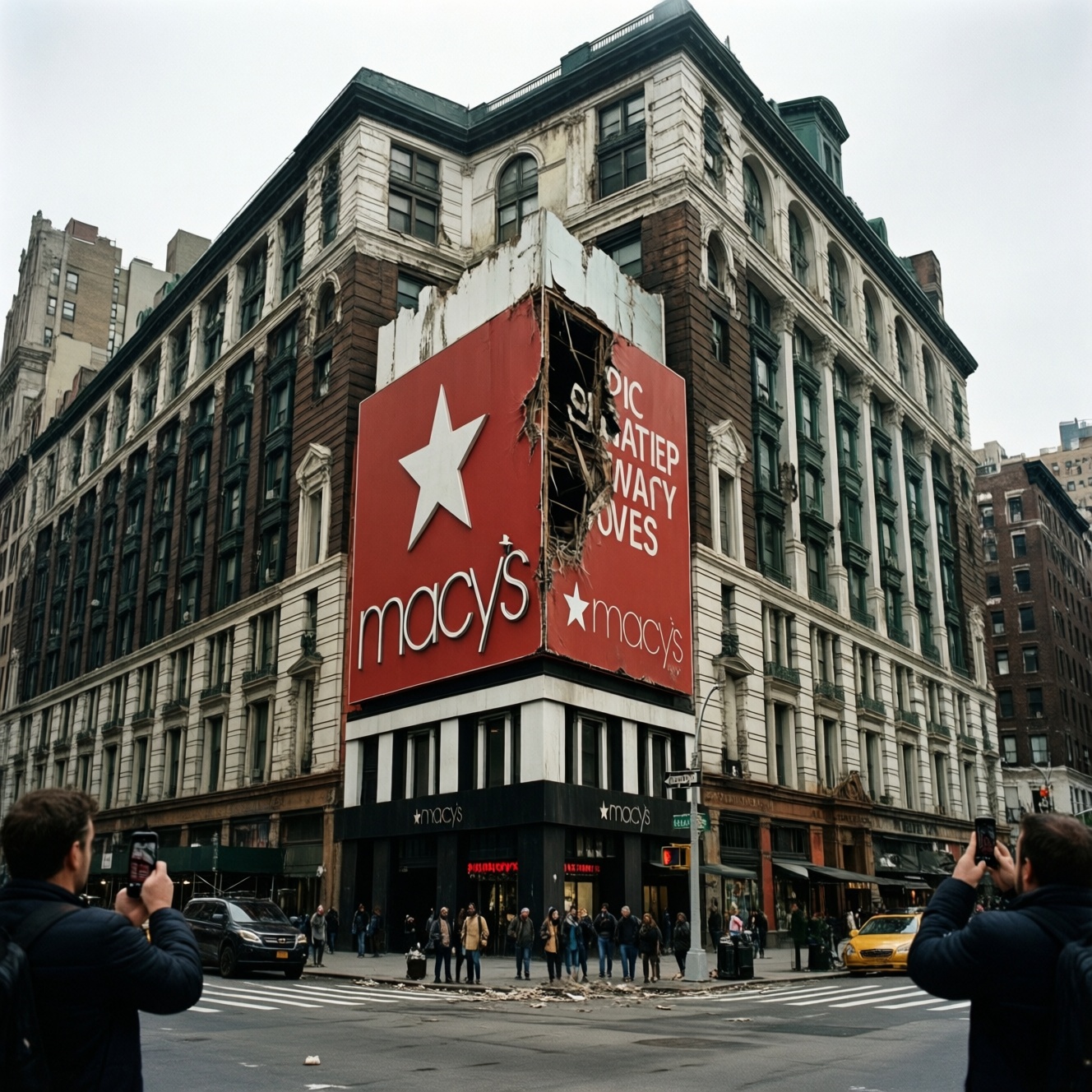 Реклама macys на углу Бродвея и 34-й улицы в Нью-Йорке исчезла, открыв дом-упрямец
